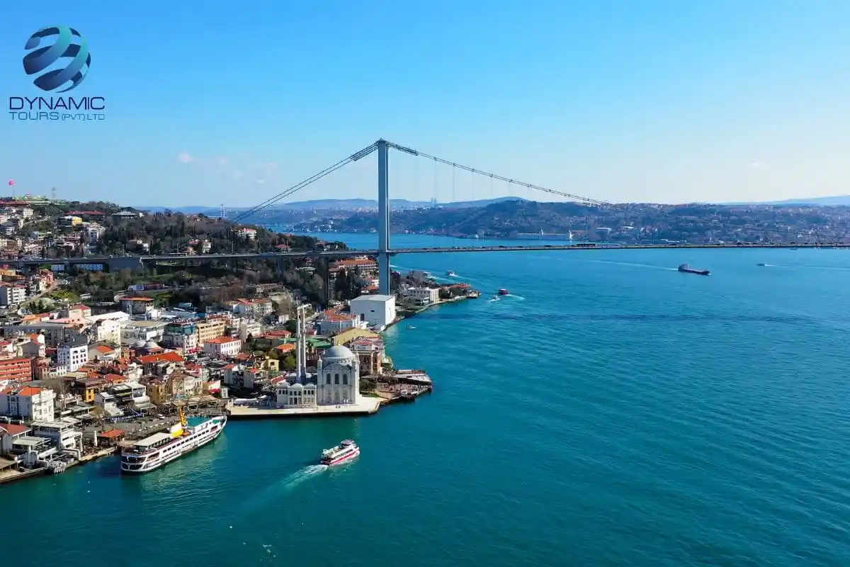 Aerial view of Istanbul with mosque, waterfront buildings, boats, and suspension bridge spanning across the Bosphorus.
