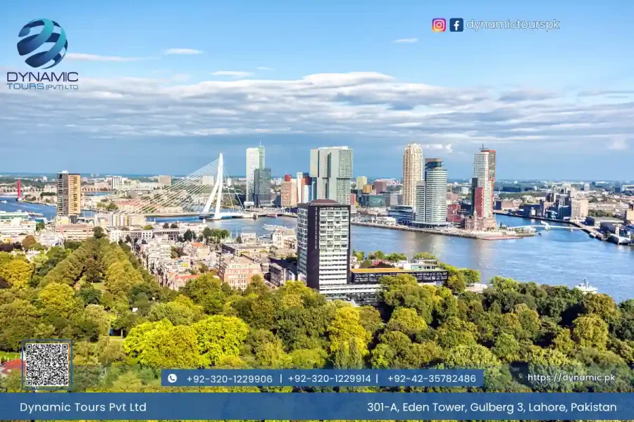 Panoramic view of Rotterdam skyline with Erasmus Bridge, modern skyscrapers, riverfront, and lush greenery under clear blue sky