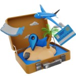 Island inside Travel luggage. Credit card and flying plane.