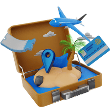 Island inside Travel luggage. Credit card and flying plane.