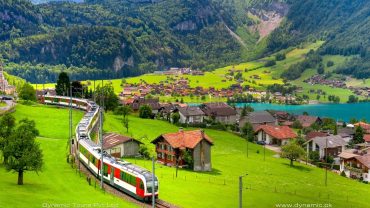 Electric red tourist panoramic train in Lungren, Switzerland