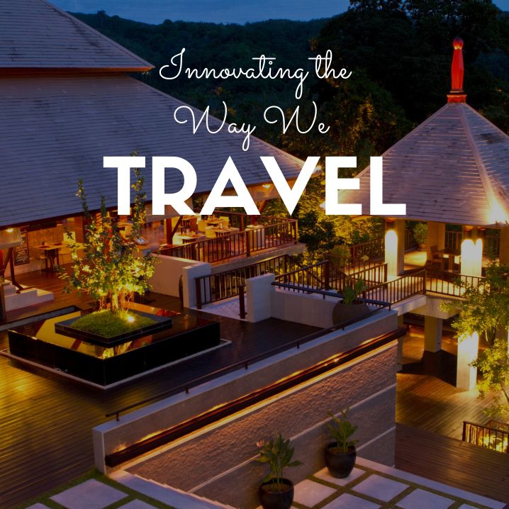 Hotel resorts at night time. Text " innovating the way we travel"