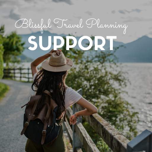 Text "Blissful travel planning support". Traveler girl standing with backpack and looking at lake