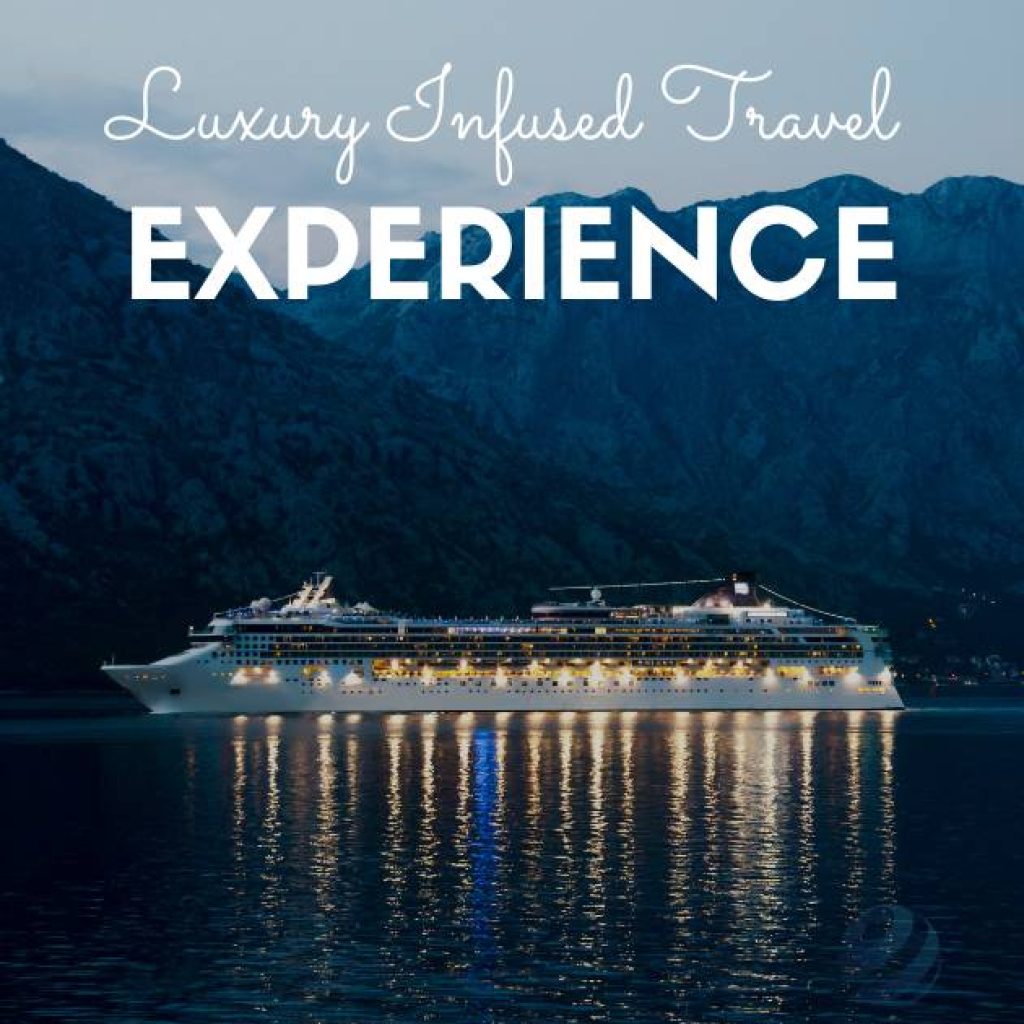 A majestic cruise ship nestled against the island’s shore, its lights casting a warm glow on the tranquil waters.