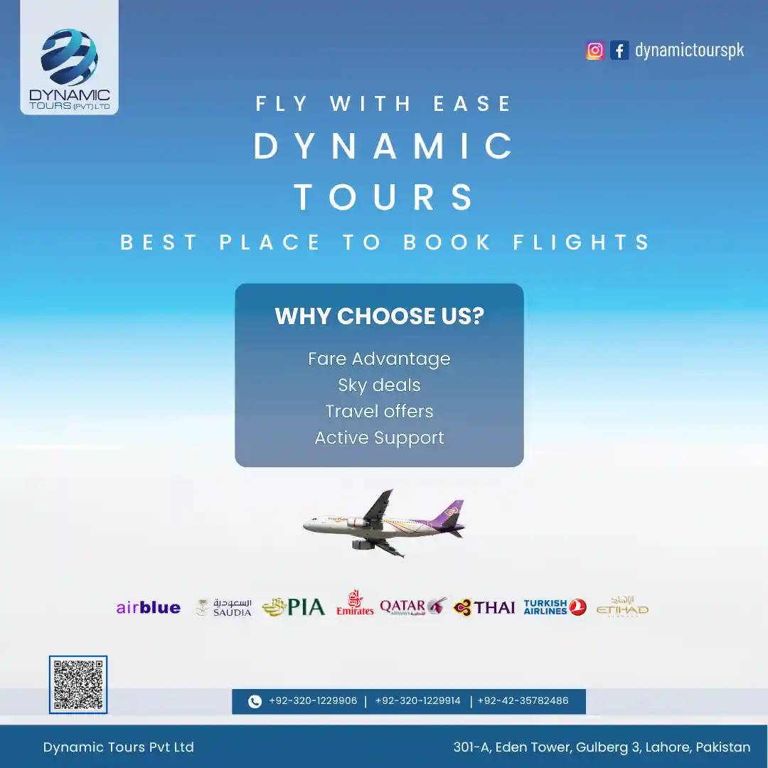 Advertisement showing airplane in flight with airline logos and Dynamic Tours flight booking services