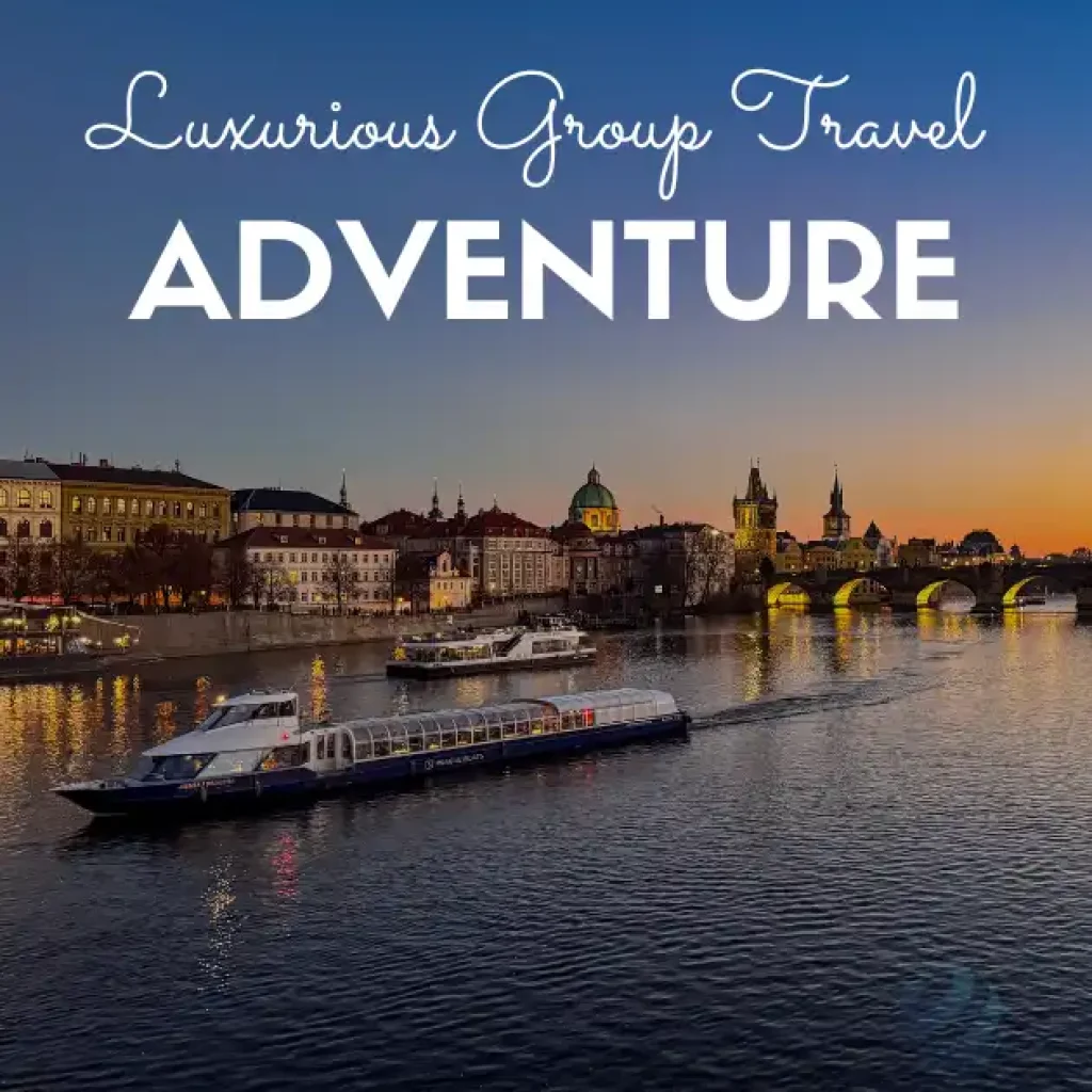 Sunset river view with boats, illuminated bridge, and historic cityscape promoting luxurious group travel adventure.