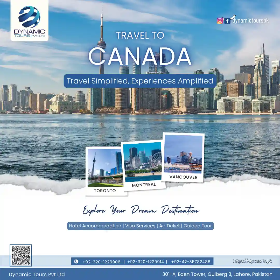 Travel poster featuring Toronto skyline with CN Tower and highlights of Montreal and Vancouver landmarks - Dynamic Tours Pvt Ltd