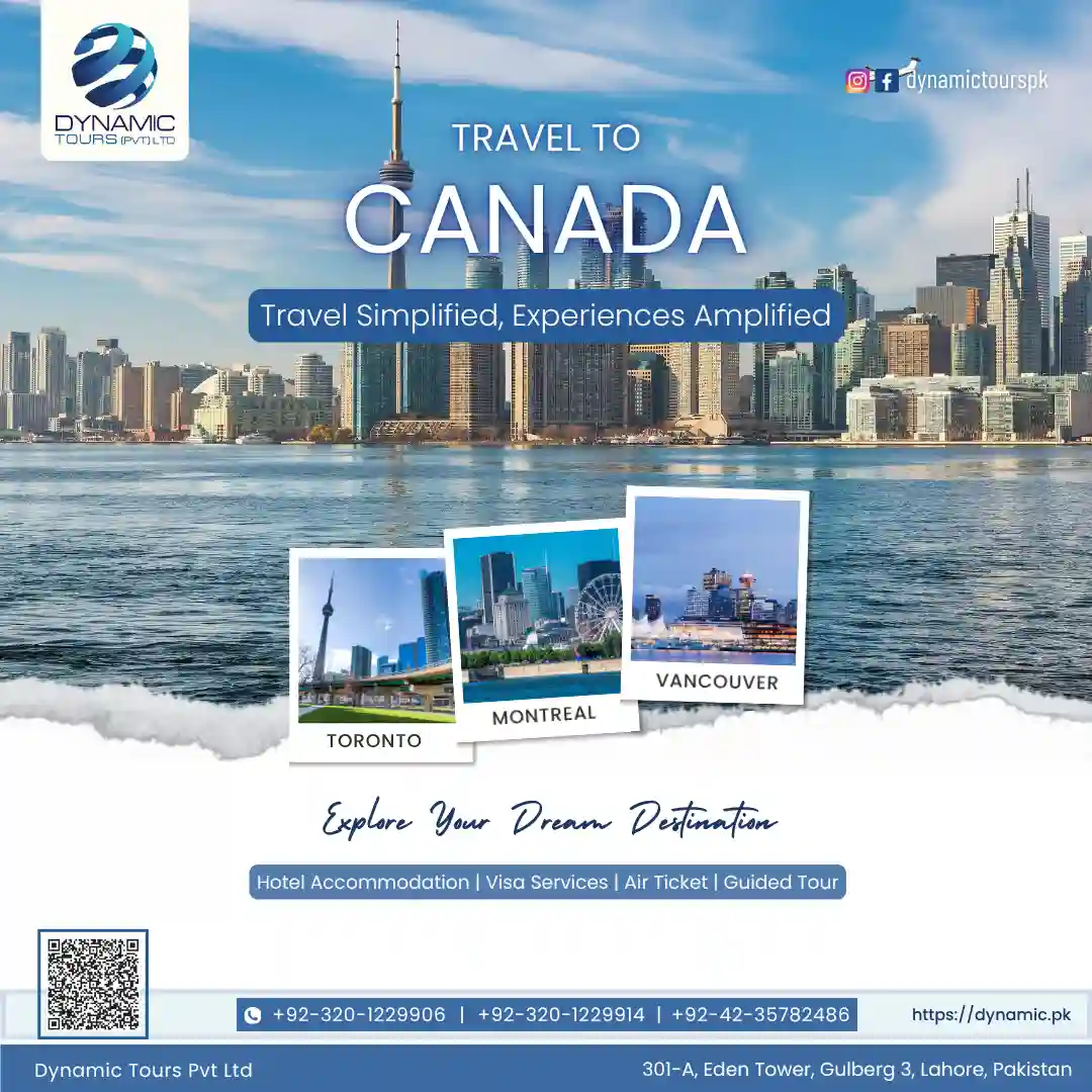 Travel poster featuring Toronto skyline with CN Tower and highlights of Montreal and Vancouver landmarks.