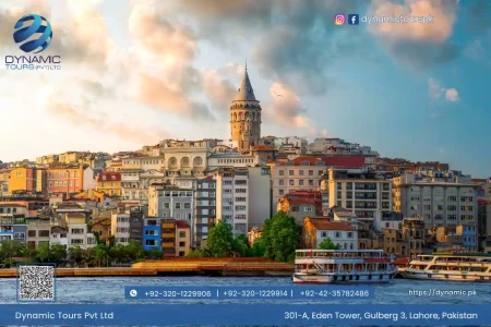 Galata Tower Istanbul surrounded by colorful buildings and Bosphorus waterfront