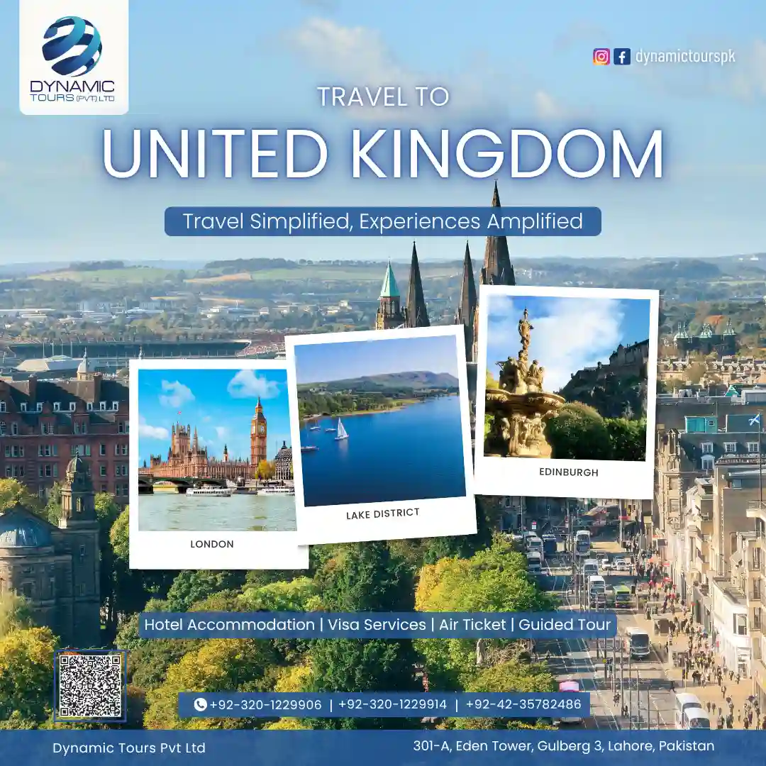 Travel poster featuring UK highlights: Big Ben in London, sailboat on Lake District, and historic Edinburgh architecture.