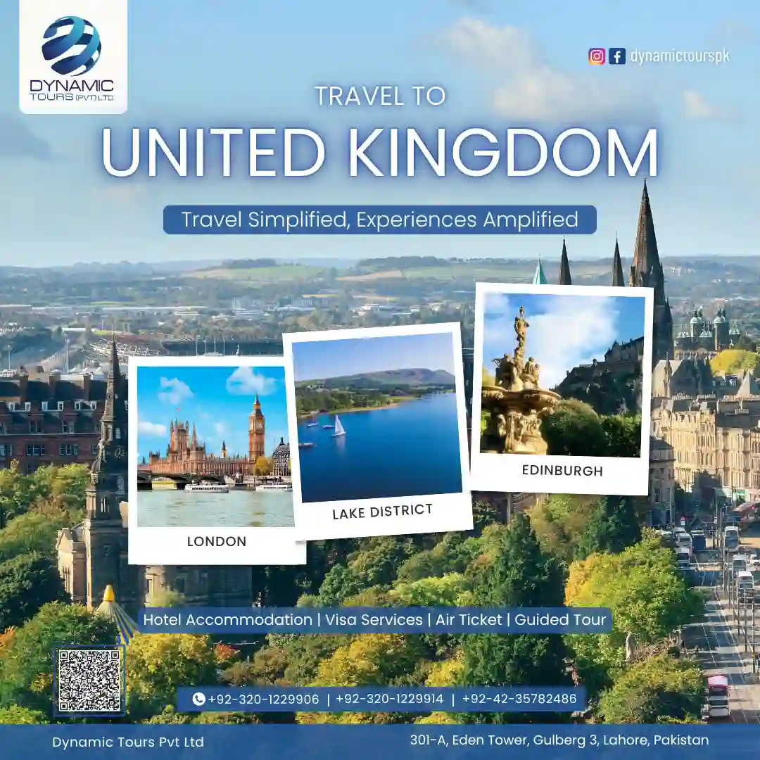 Travel poster featuring UK highlights: Big Ben in London, sailboat on Lake District, and historic Edinburgh architecture.