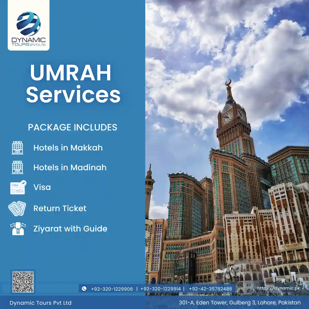 Travel poster featuring Abraj Al Bait Towers in Makkah with service highlights for Umrah including hotels, visa, return tickets, and guided ziyarat - Dynamic Tours Pvt Ltd